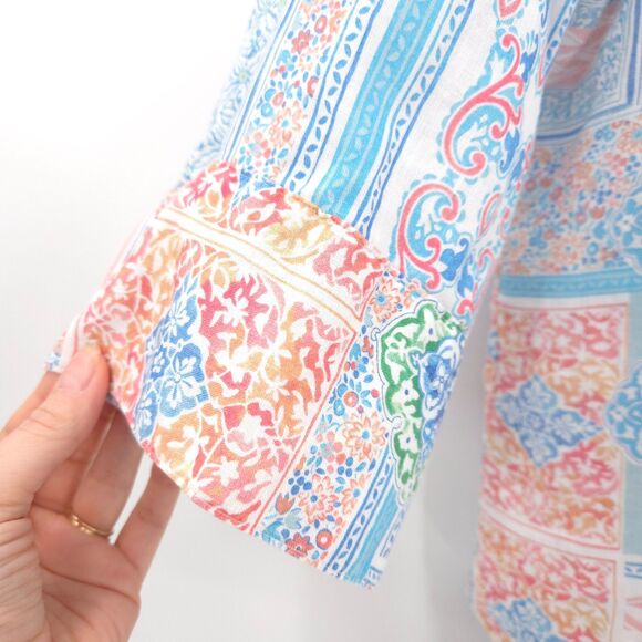 Chico's linen button up top Size 2 (L) pastel print 3/4 sleeve beach - Picture 3 of 8